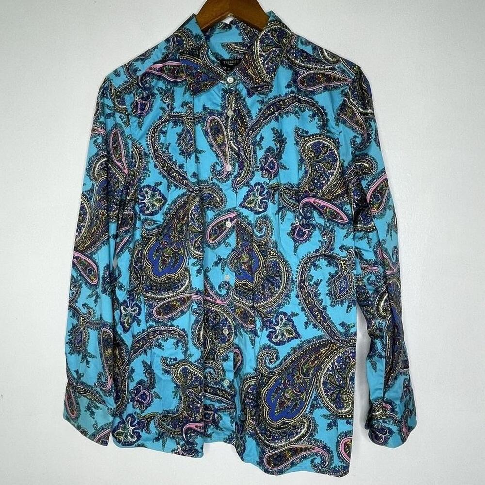Talbots Shirt Womens 1X Blue Paisley Button Up Long Sleeve Stretch Cotton Top